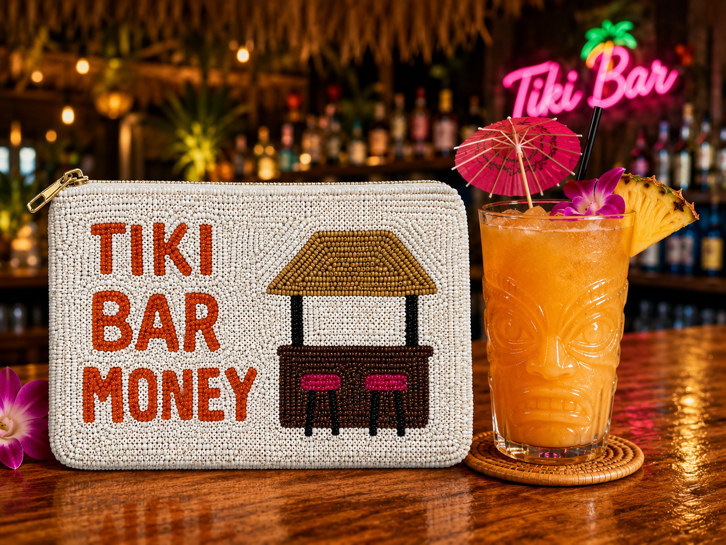 Tiki Bar Money Beaded Zip Pouch