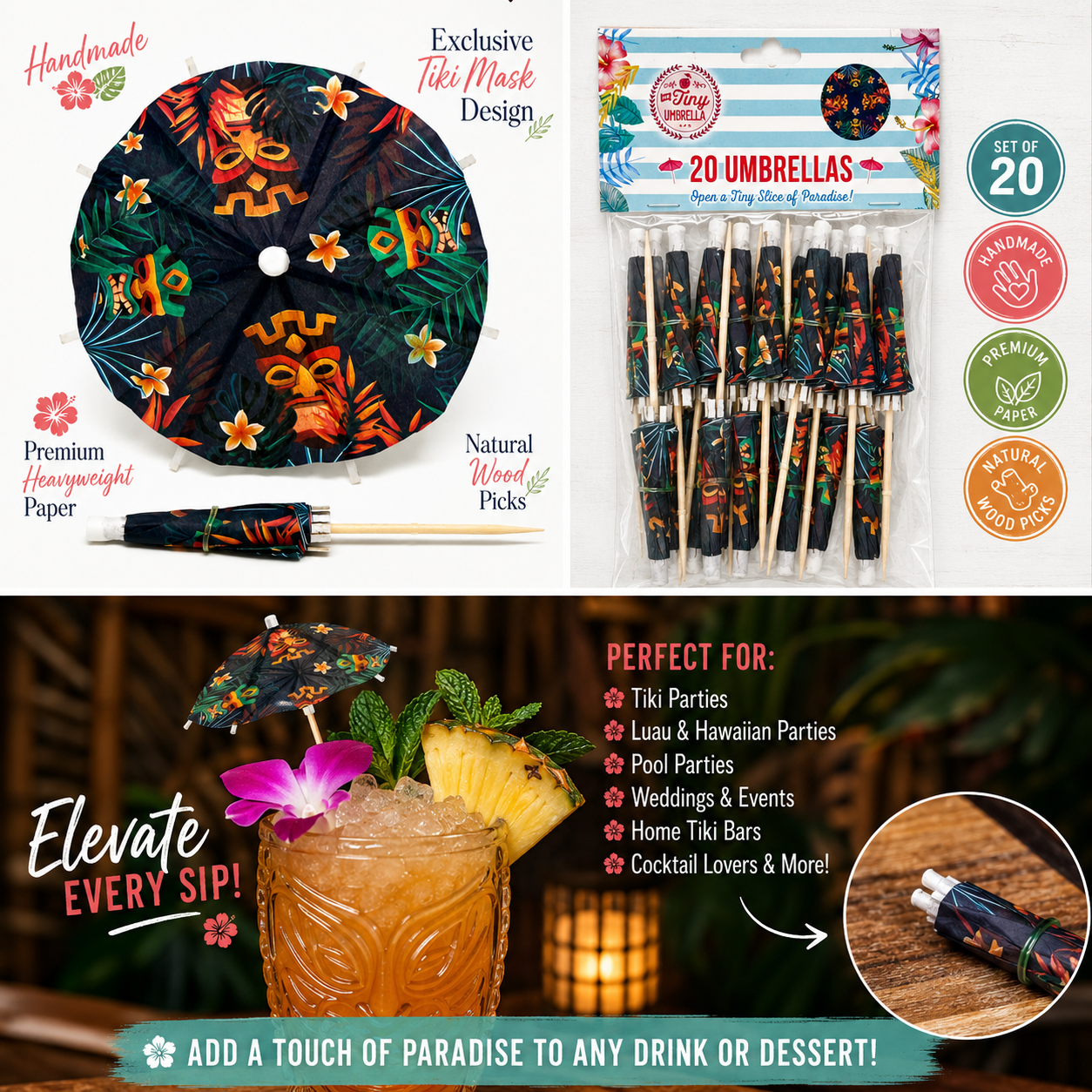Tiki Cocktail Umbrellas – Handmade Tropical Drink Umbrellas (Set of 20)