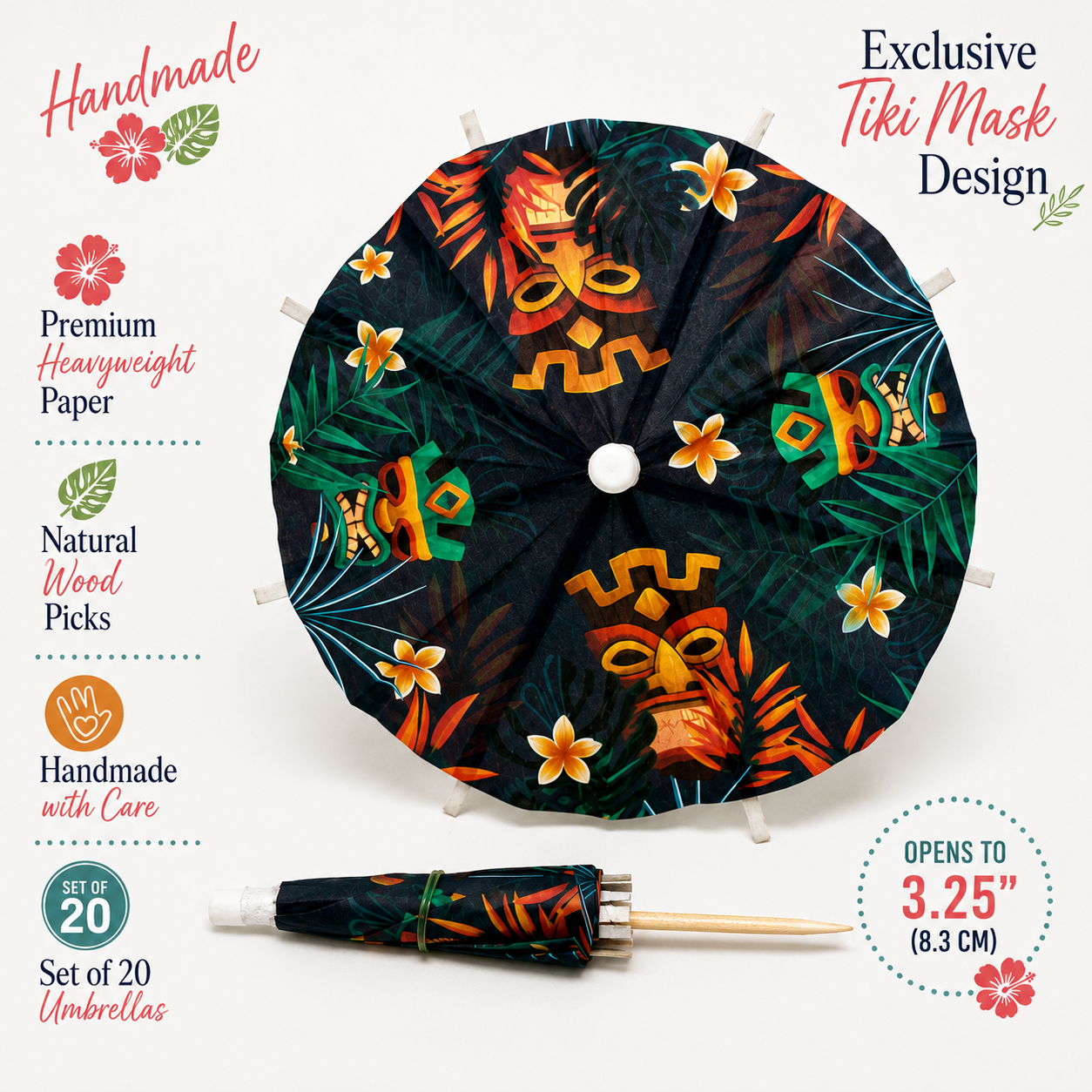 Tiki Cocktail Umbrellas – Handmade Tropical Drink Umbrellas (Set of 20)
