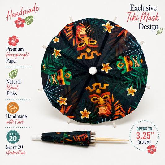 Tiki Cocktail Umbrellas – Handmade Tropical Drink Umbrellas (Set of 20)