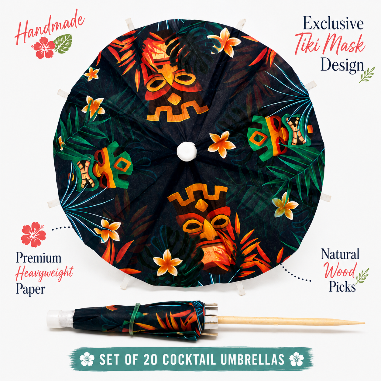 Tiki Cocktail Umbrellas – Handmade Tropical Drink Umbrellas (Set of 20)